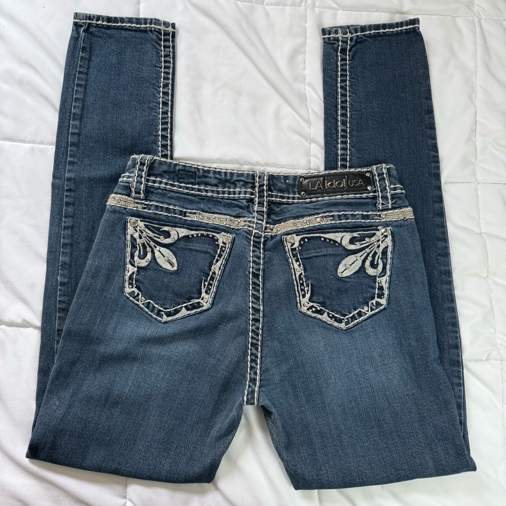 L.A. idol Women's Blue‎ Jeans Y2K Low Rise Skinny Embroidered Size 11